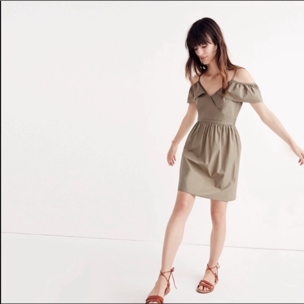 MADEWELL Khaki Green Cold Shoulder Ruffle Dress 6